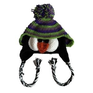 Handmade Knit Penguin Toque Toddler Sized Winter Hat Ear Flaps Pompom Cute! EUC
